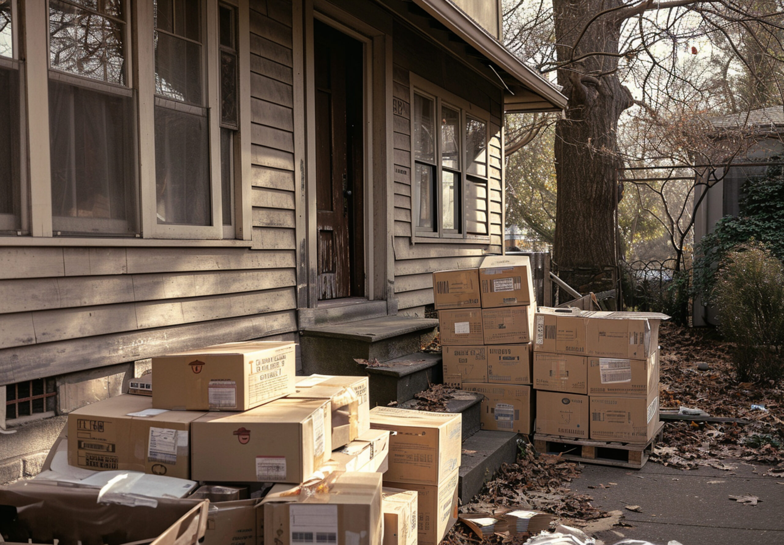 maison avec des cartons de débarras et déchets